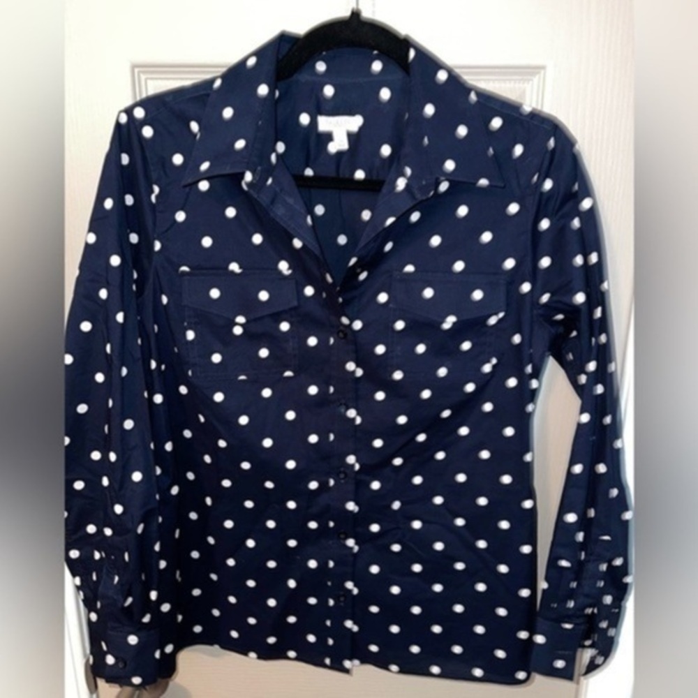 Talbots Navy Polka Dot Long Sleeve Button Down